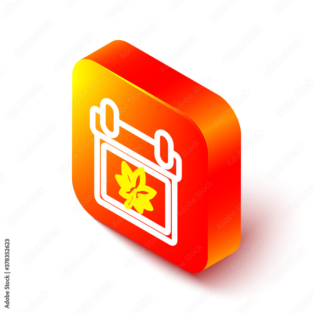 Isometric line Calendar with autumn leaves icon isolated on white background. Orange square button. 