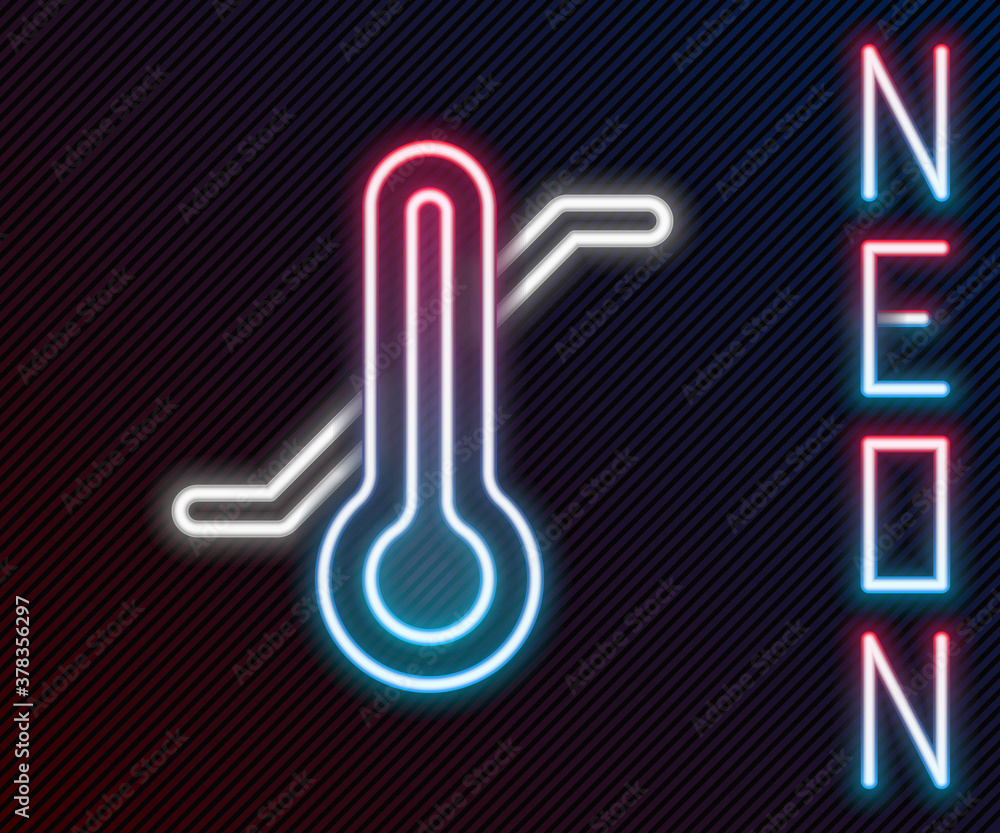 Glowing neon line Meteorology thermometer measuring icon isolated on black background. Thermometer e