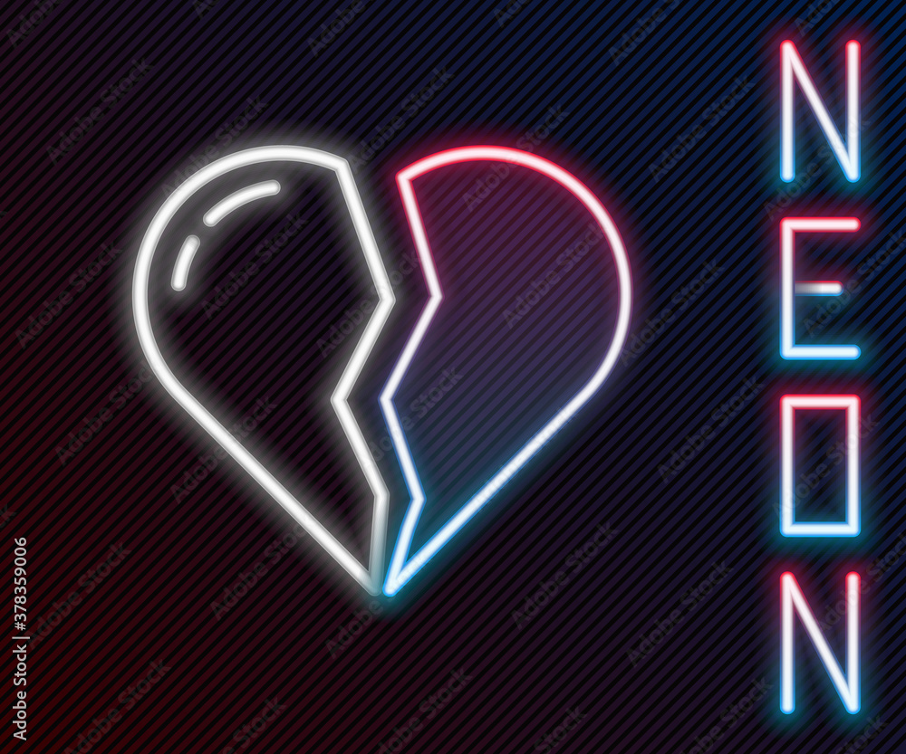 Glowing neon line Broken heart or divorce icon isolated on black background. Love symbol. Valentines