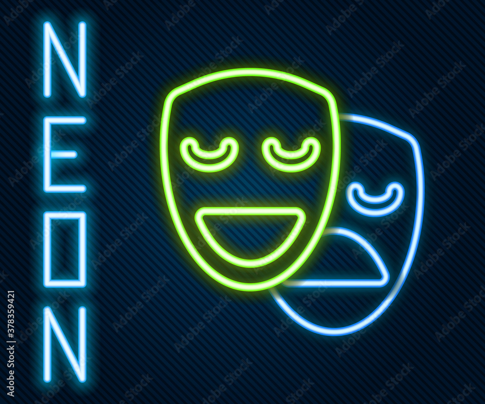 Glowing neon line Comedy and tragedy theatrical masks icon isolated on black background. Colorful ou