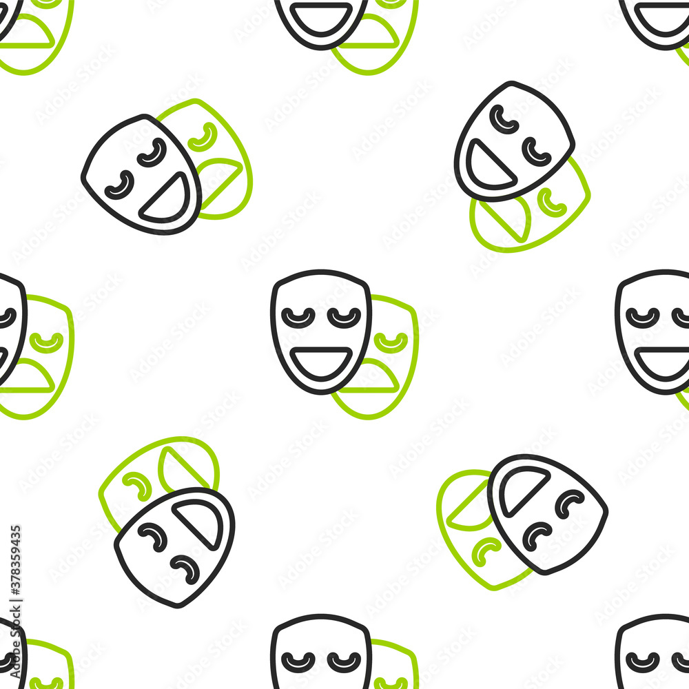 Line Comedy and tragedy theatrical masks icon isolated seamless pattern on white background. Vector.