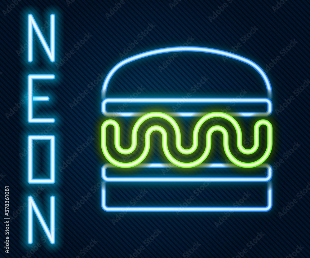 Glowing neon line Burger icon isolated on black background. Hamburger icon. Cheeseburger sandwich si