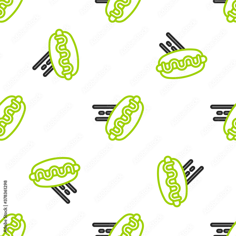 Line Online ordering and hotdog sandwich icon isolated seamless pattern on white background. Sausage