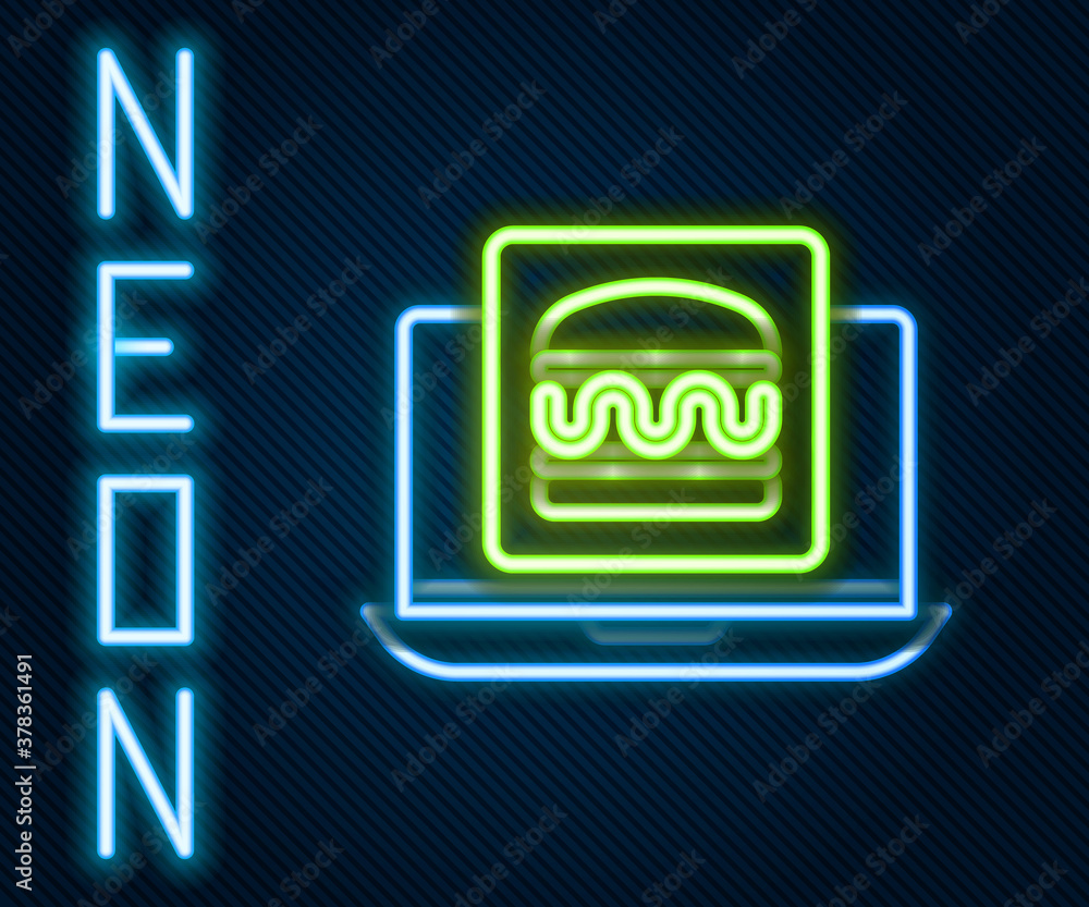 Glowing neon line Online ordering and burger delivery icon isolated on black background. Colorful ou