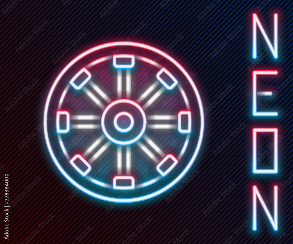 Glowing neon line Old wooden wheel icon isolated on black background. Colorful outline concept. Vect