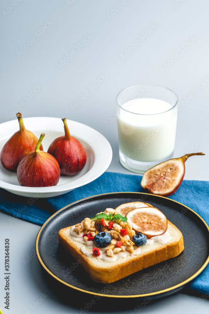 A western breakfast with figs and bread and milk