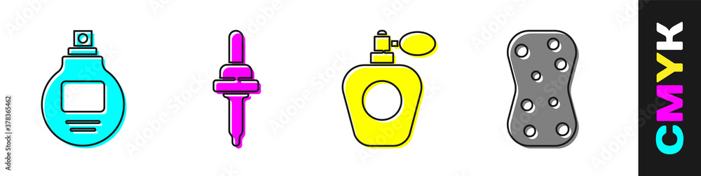 Set Perfume, Pipette, Perfume and Sponge with bubbles icon. Vector.