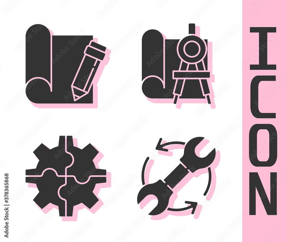 Set Wrench and arrows as workflow, Graphing paper and pencil, Gear and Graphing paper and compass ic