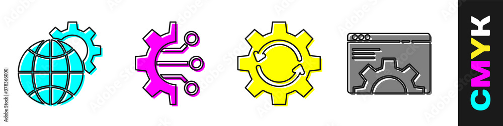 Set Globe of the Earth and gear, Algorithm, Gear and arrows as workflow and Browser setting icon. Ve