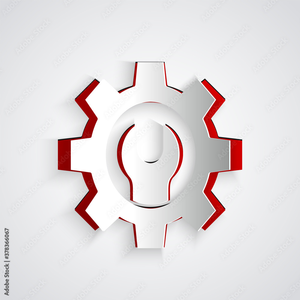 Paper cut Wrench spanner and gear icon isolated on grey background. Adjusting, service, setting, mai