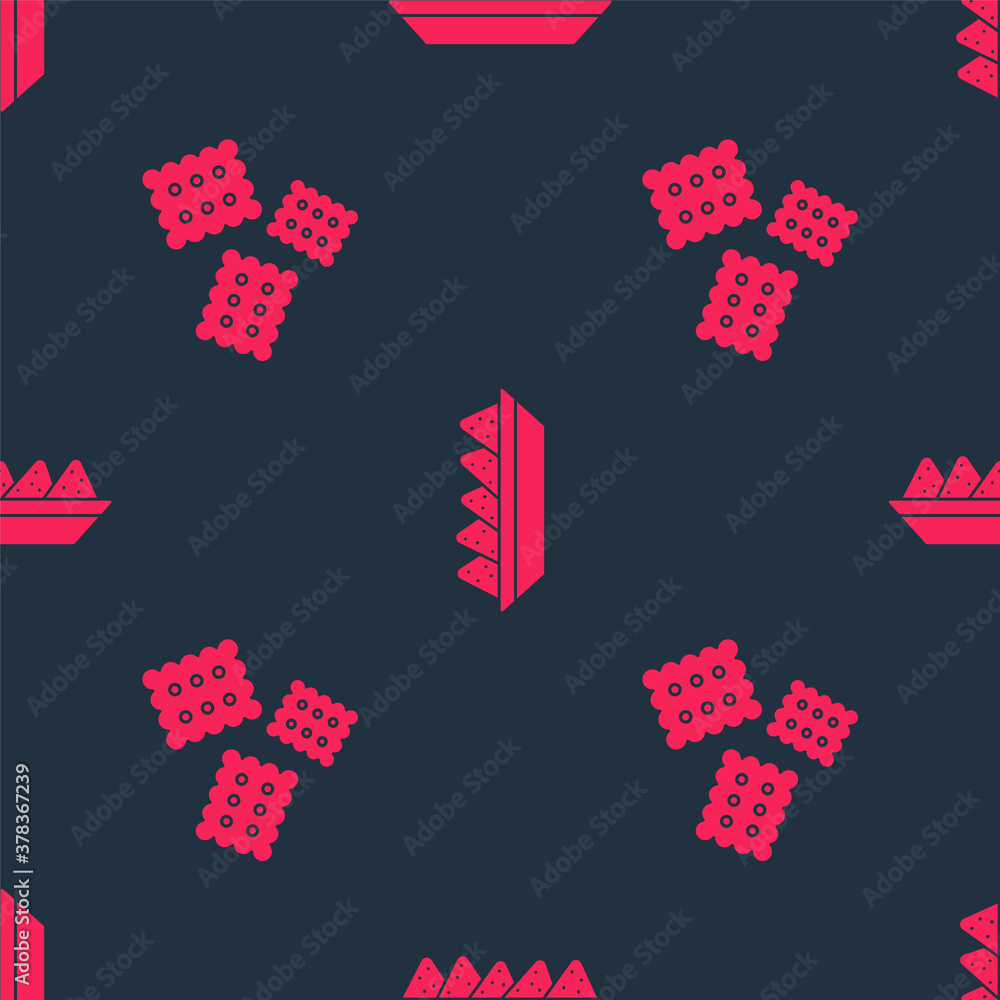 Set Cracker biscuit and Nachos in plate on seamless pattern. Vector.