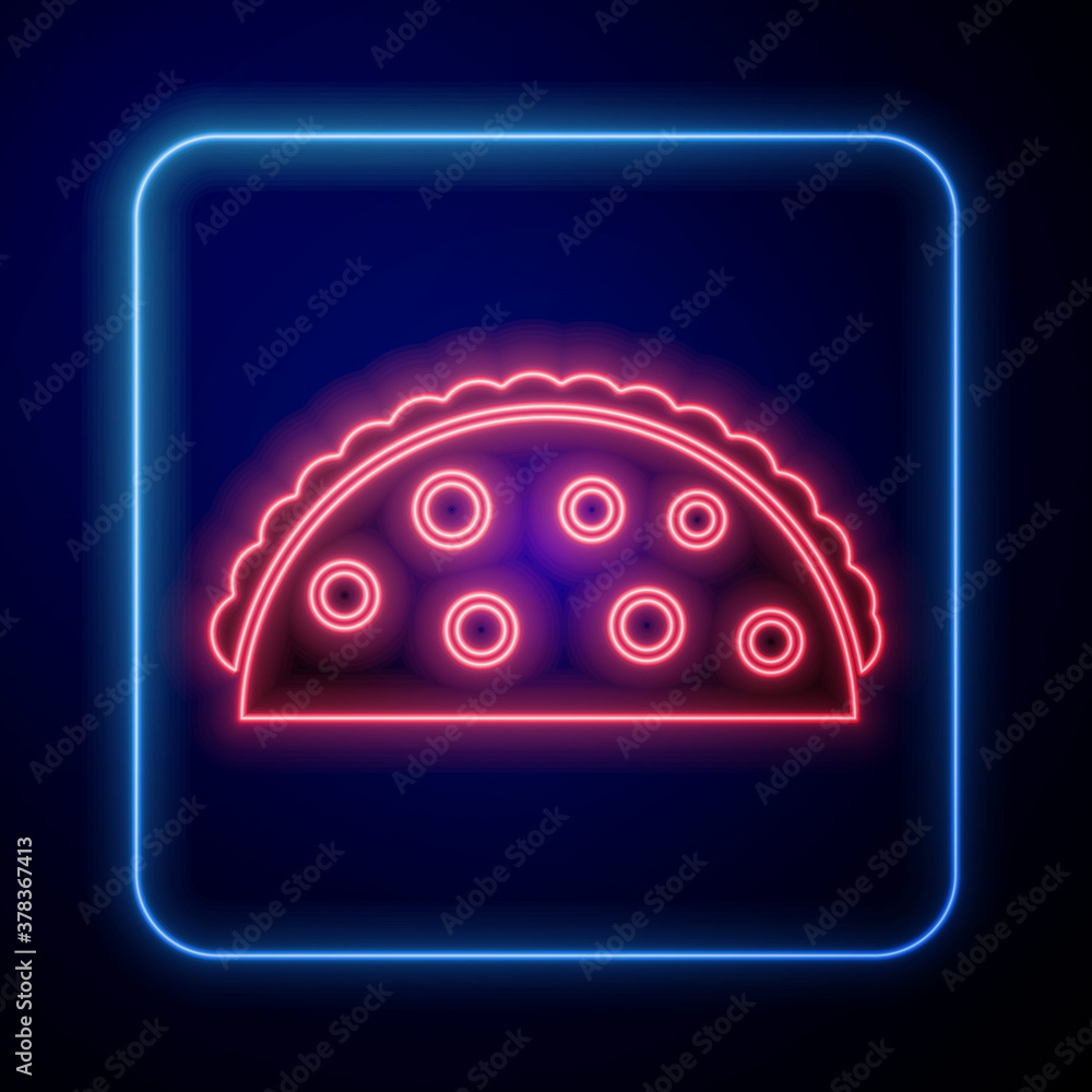 Glowing neon Taco with tortilla icon isolated on blue background. Traditional mexican fast food menu