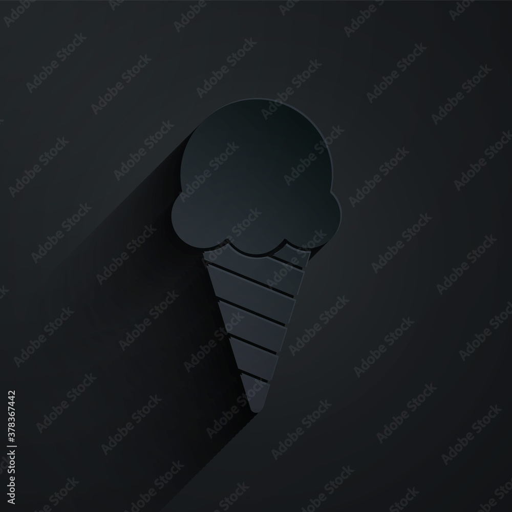 Paper cut Ice cream in waffle cone icon isolated on black background. Sweet symbol. Paper art style.