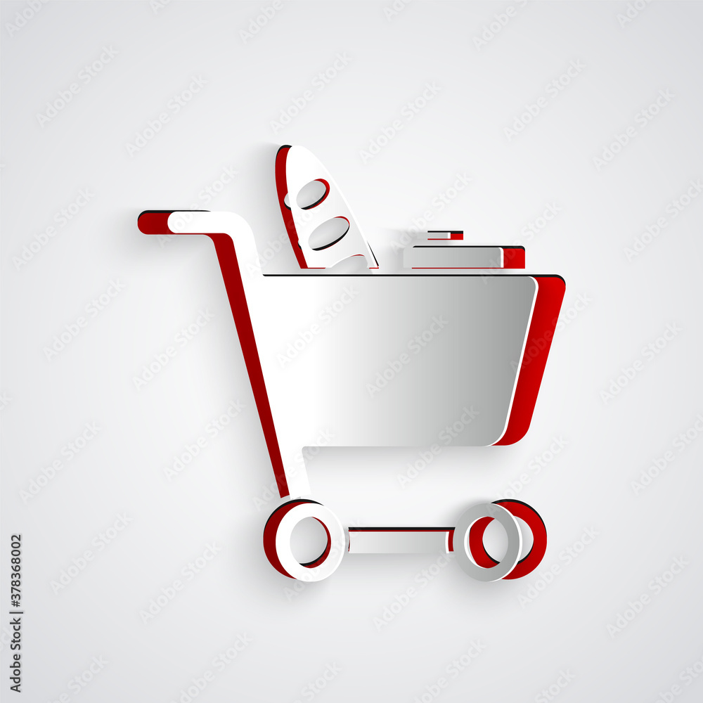 Paper cut Shopping cart and food icon isolated on grey background. Food store, supermarket. Paper ar