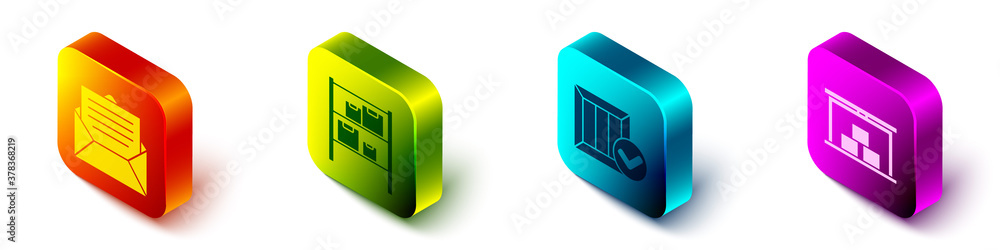 Set Isometric Envelope, Warehouse, Wooden box with check mark and Warehouse icon. Vector.