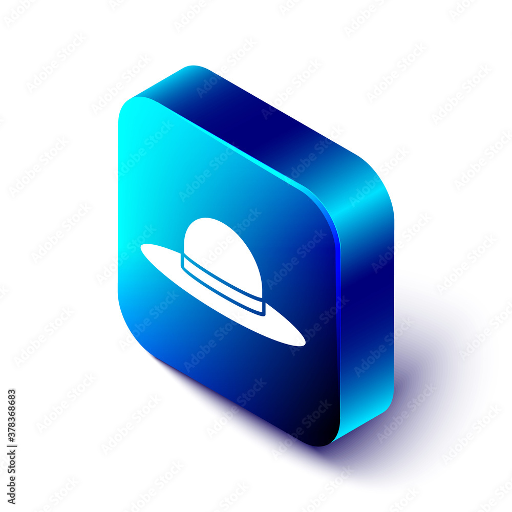 Isometric Elegant women hat icon isolated on white background. Blue square button. Vector Illustrati