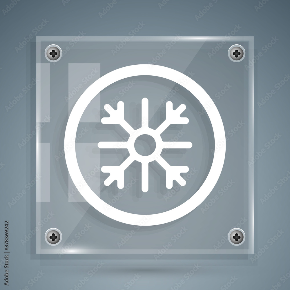 White Snowflake icon isolated on grey background. Square glass panels. Vector.