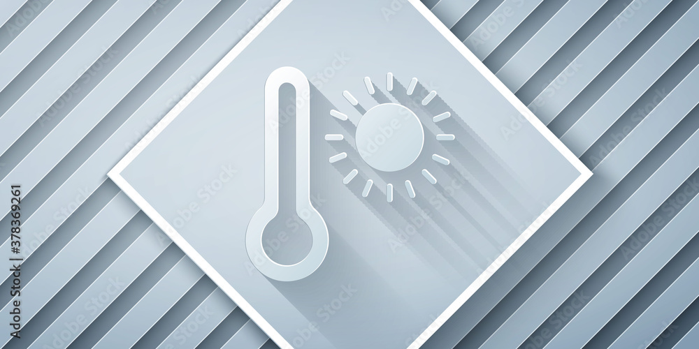 Paper cut Meteorology thermometer measuring heat and cold icon isolated on grey background. Thermome