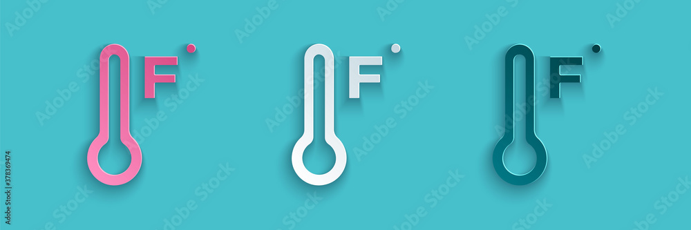 Paper cut Meteorology thermometer measuring heat and cold icon isolated on blue background. Temperat