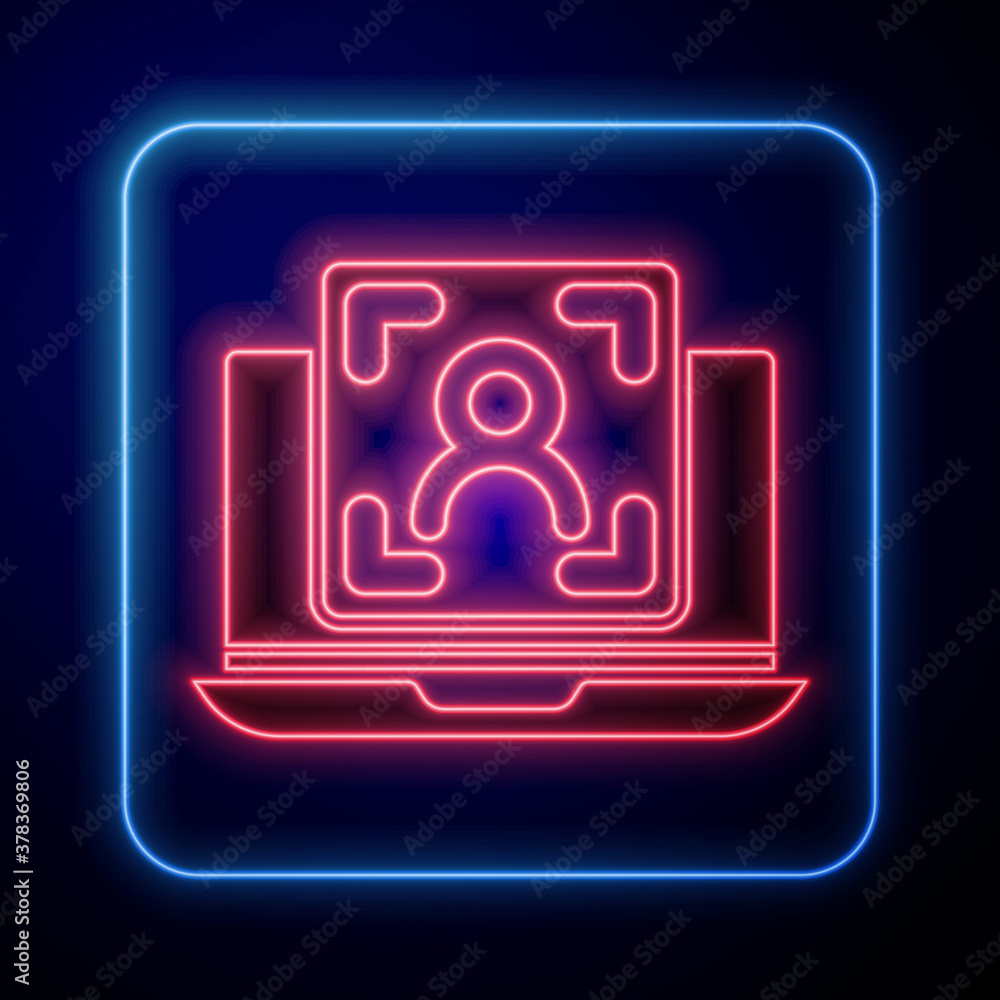 Glowing neon Laptop with face recognition icon isolated on blue background. Face identification scan