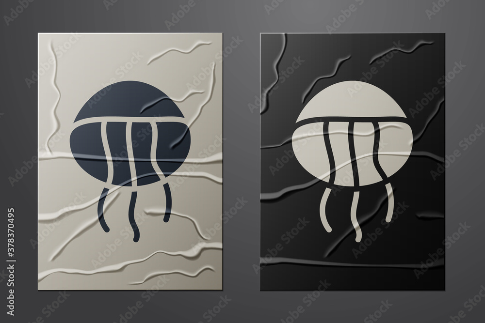 White Jellyfish icon isolated on crumpled paper background. Paper art style. Vector.