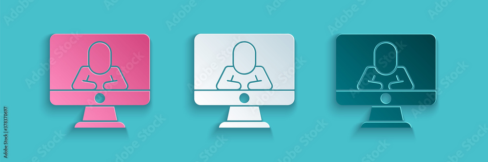 Paper cut Online psychological counseling distance icon isolated on blue background. Psychotherapy, 