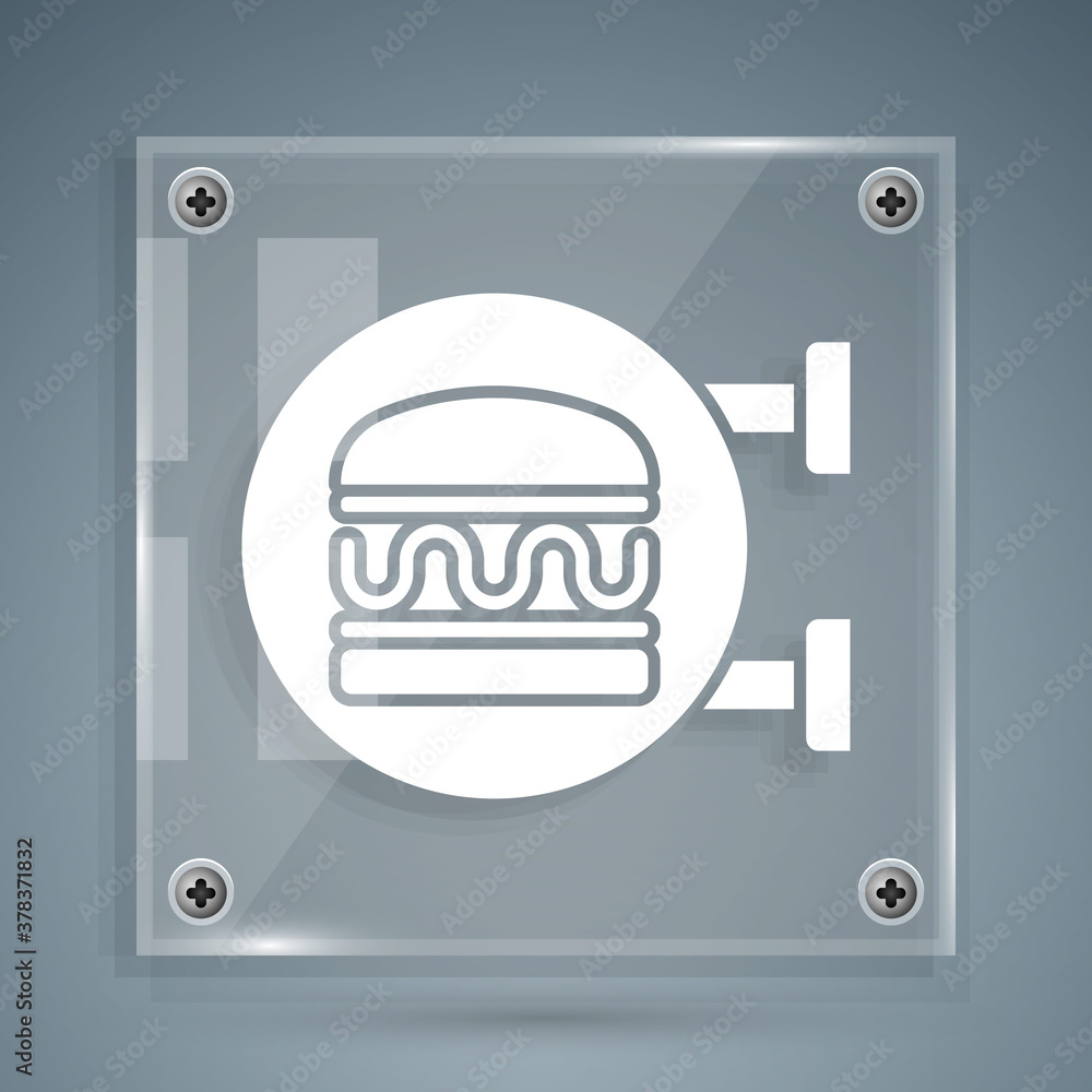 White Online ordering and burger delivery icon isolated on grey background. Square glass panels. Vec