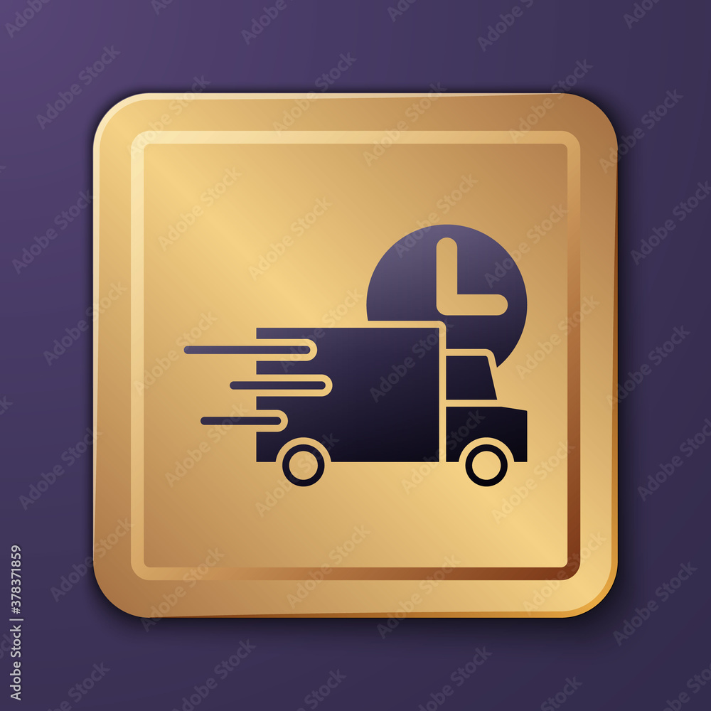 Purple Fast round the clock delivery by car icon isolated on purple background. Gold square button. 