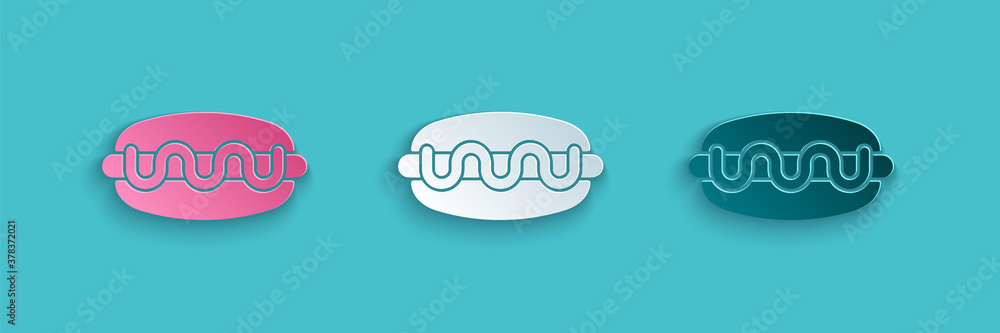 Paper cut Hotdog sandwich icon isolated on blue background. Sausage icon. Fast food sign. Paper art 