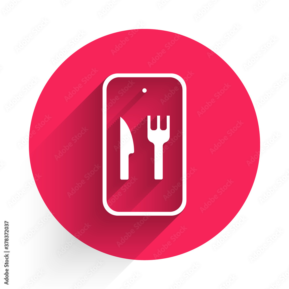 White Online ordering and fast food delivery icon isolated with long shadow. Burger sign. Red circle