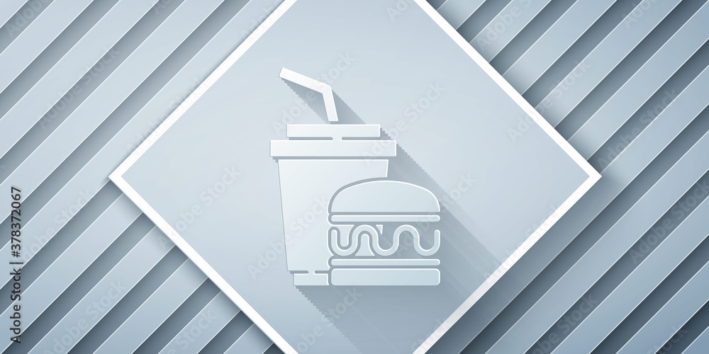 Paper cut Paper glass with drinking straw and burger icon isolated on grey background. Soda aqua dri