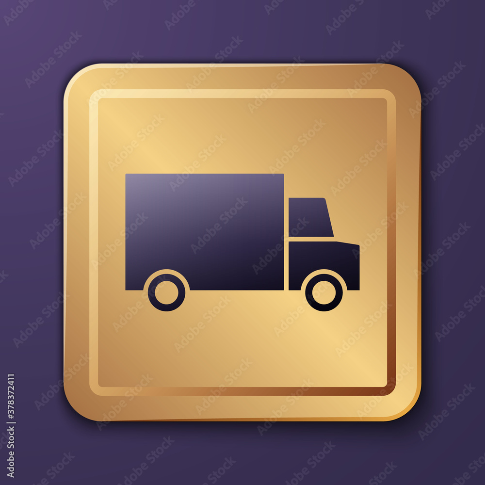 Purple Fast round the clock delivery by car icon isolated on purple background. Gold square button. 