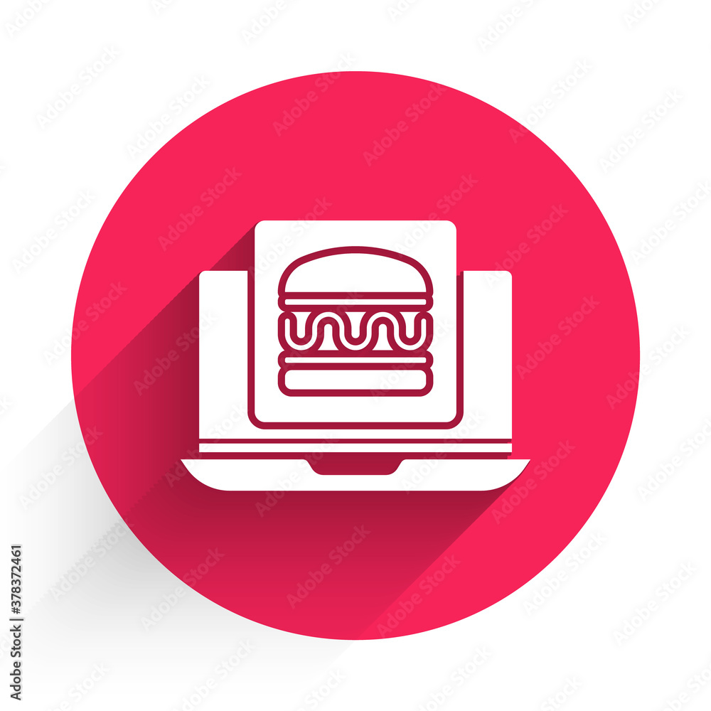 White Online ordering and burger delivery icon isolated with long shadow. Red circle button. Vector.