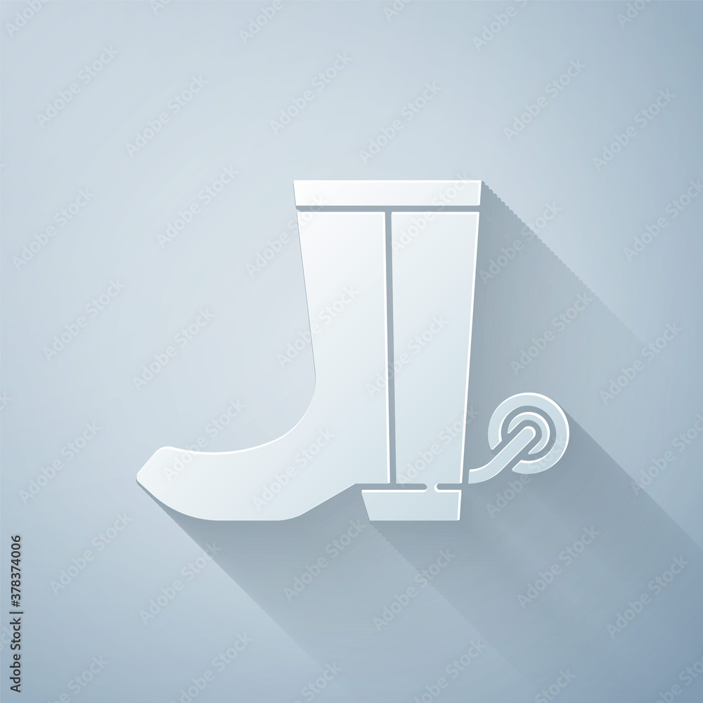 Paper cut Cowboy boot icon isolated on grey background. Paper art style. Vector.