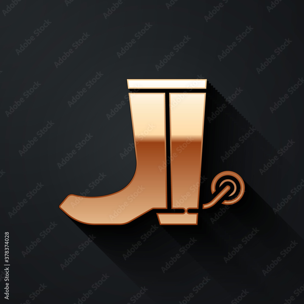 Gold Cowboy boot icon isolated on black background. Long shadow style. Vector.