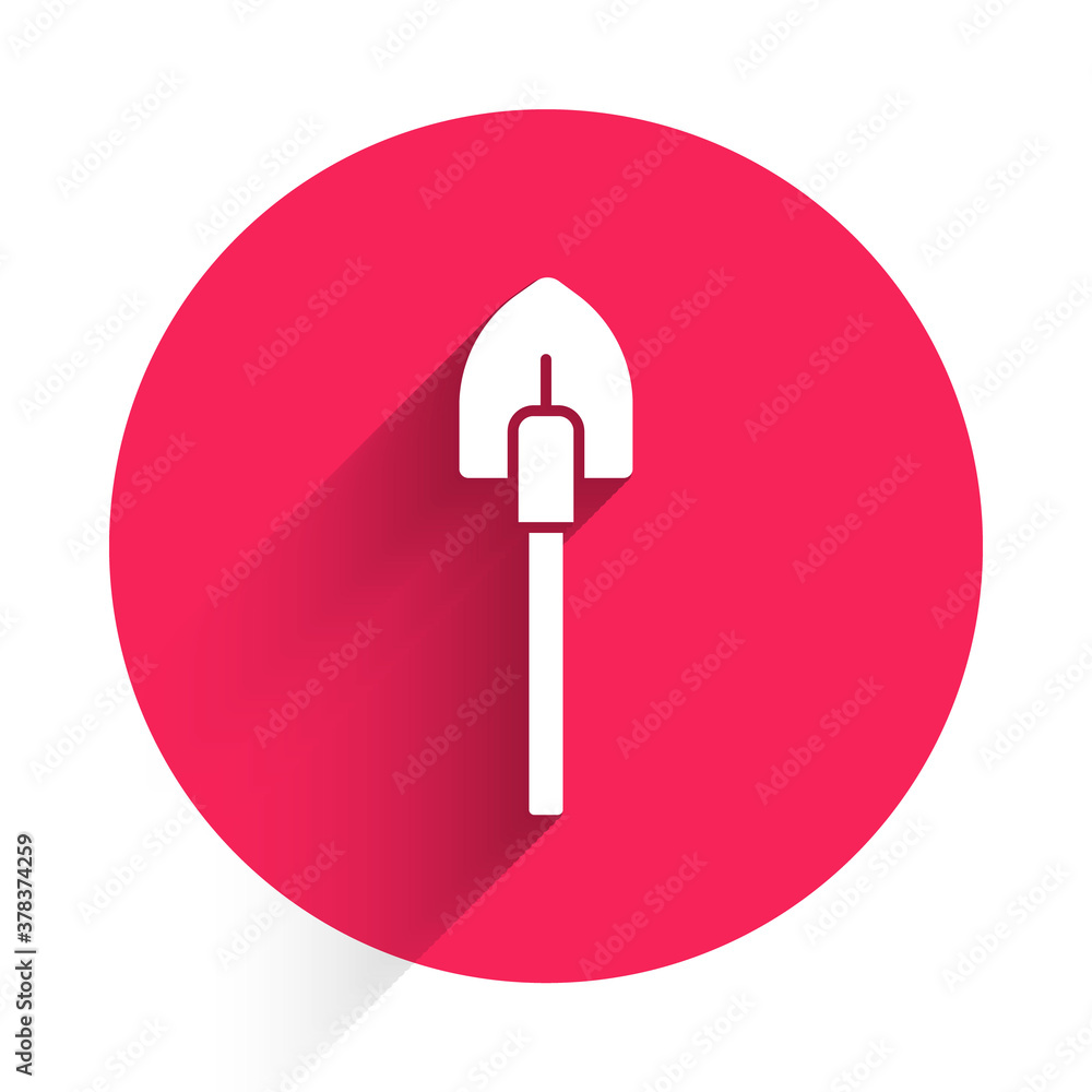 White Shovel icon isolated with long shadow. Gardening tool. Tool for horticulture, agriculture, far