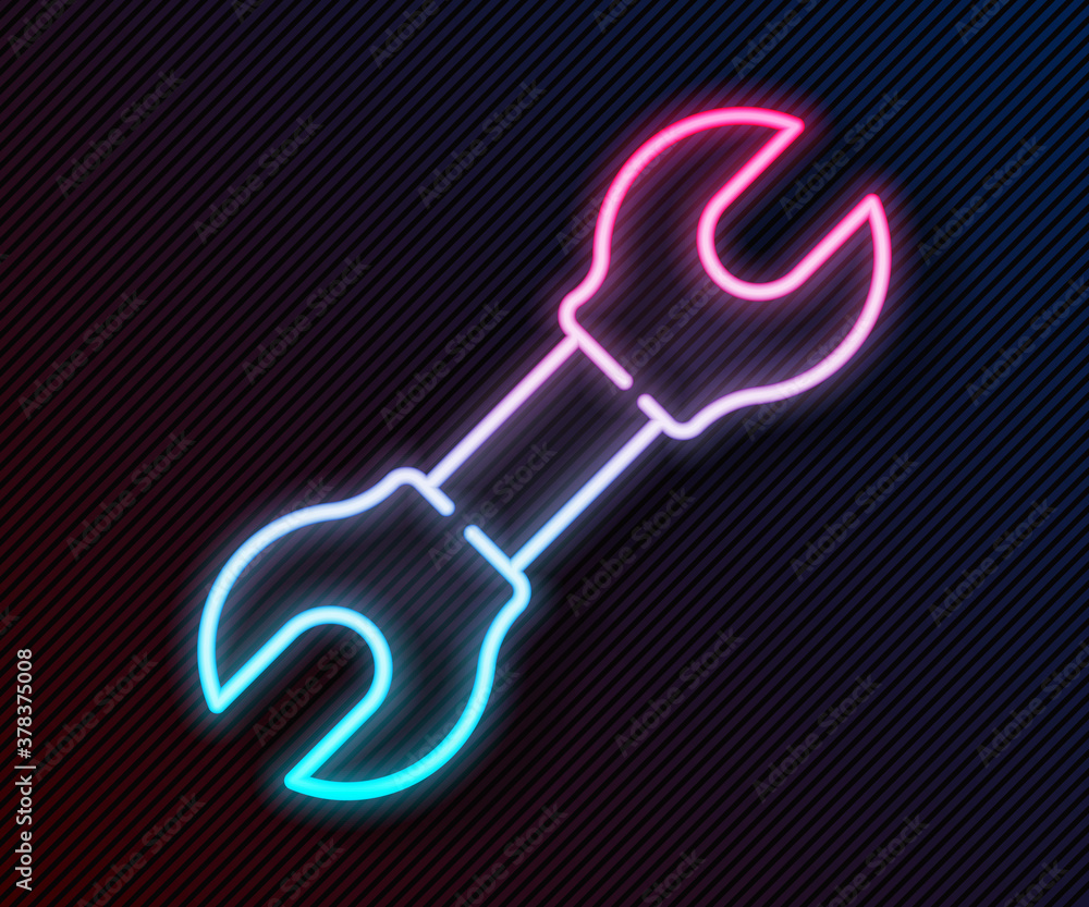 Glowing neon line Wrench spanner icon isolated on black background. Vector Illustration.