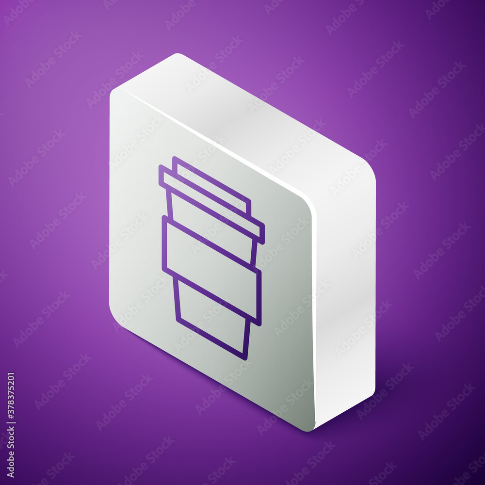 Isometric line Coffee cup to go icon isolated on purple background. Silver square button. Vector Ill