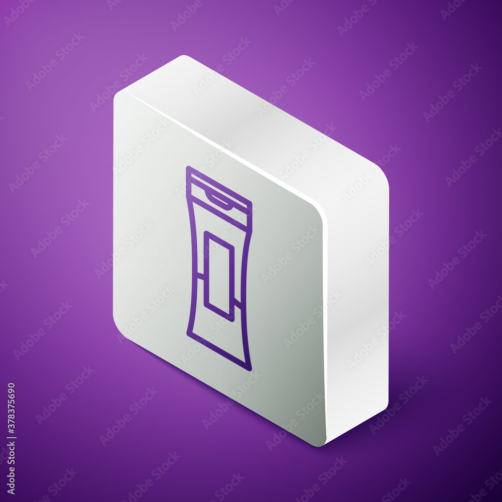 Isometric line Bottle of shampoo icon isolated on purple background. Silver square button. Vector Il