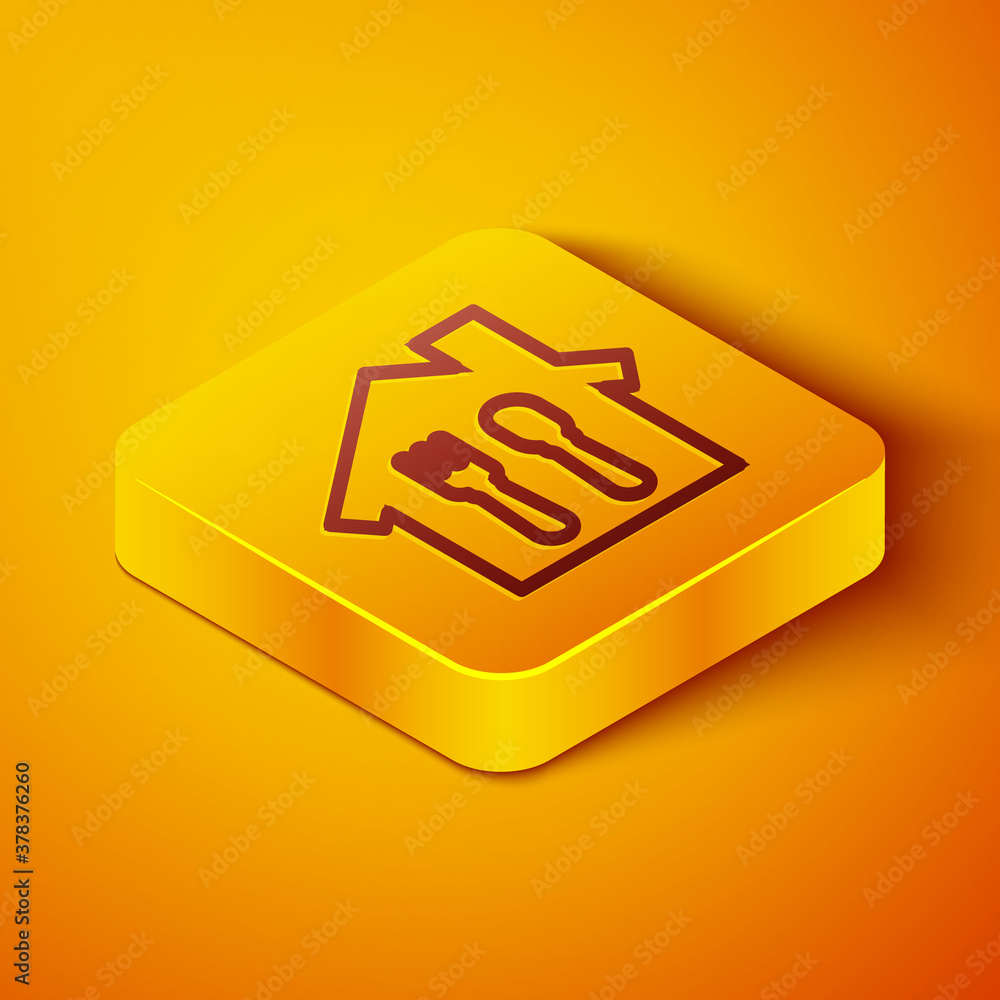 Isometric line Online ordering and fast food delivery icon isolated on orange background. Yellow squ