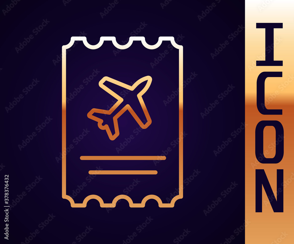 Gold line Airline ticket icon isolated on black background. Plane ticket. Vector Illustration.