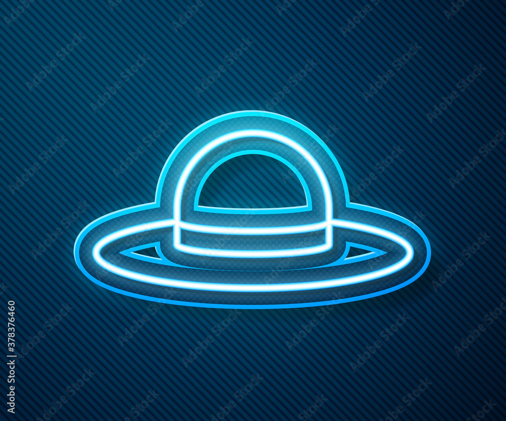 Glowing neon line Elegant women hat icon isolated on blue background. Vector Illustration.