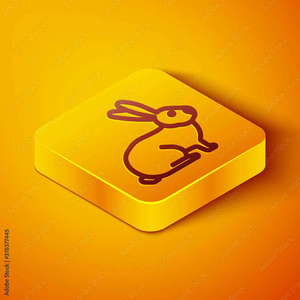 Isometric line Rabbit icon isolated on orange background. Yellow square button. Vector.