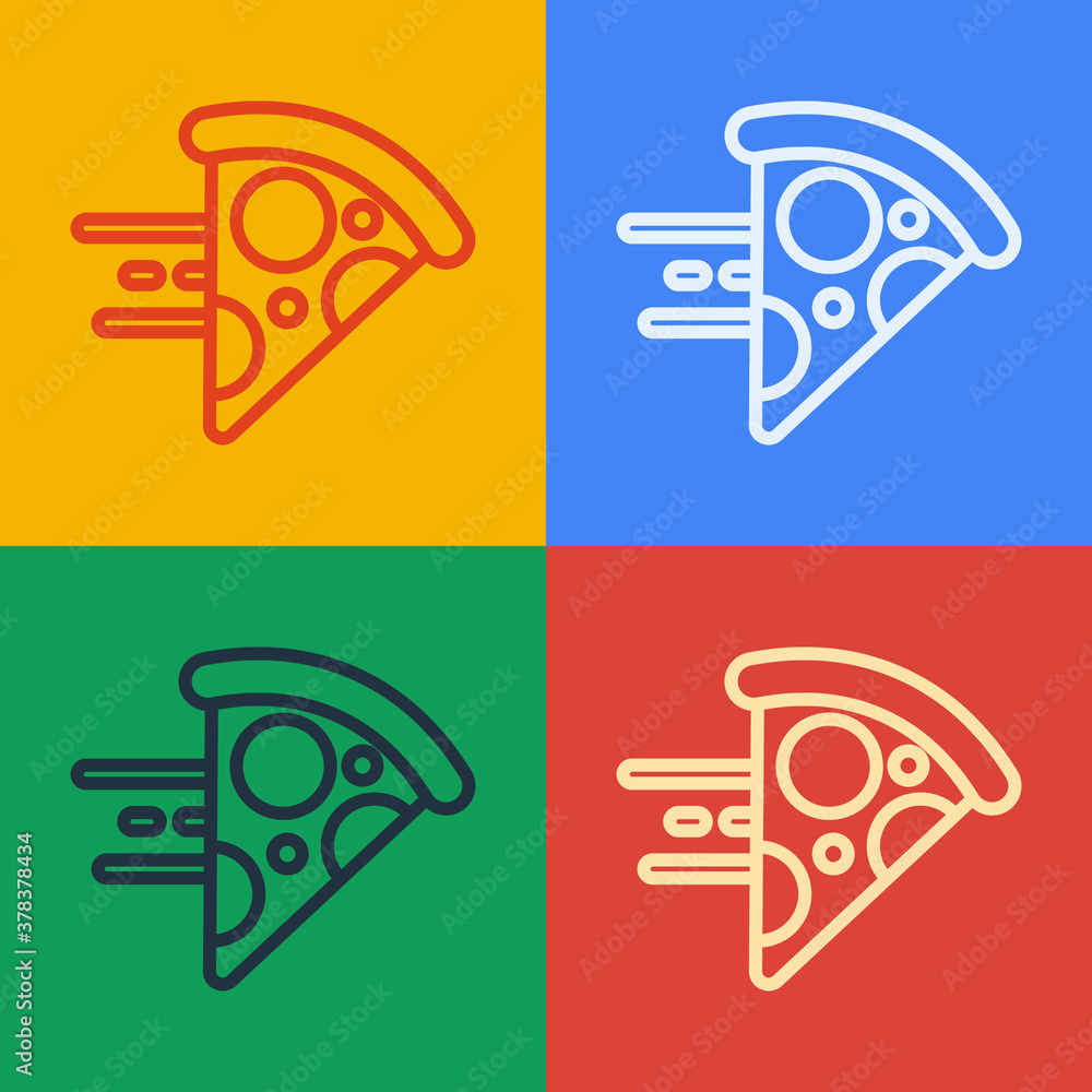 Pop art line Online ordering and fast pizza delivery icon isolated on color background. Vector.