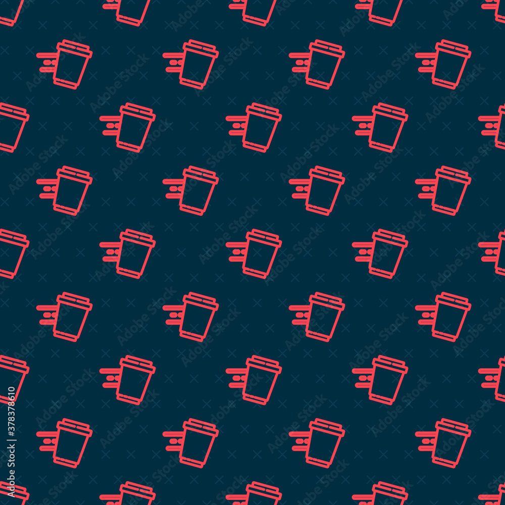 Red line Coffee cup to go icon isolated seamless pattern on black background. Vector.