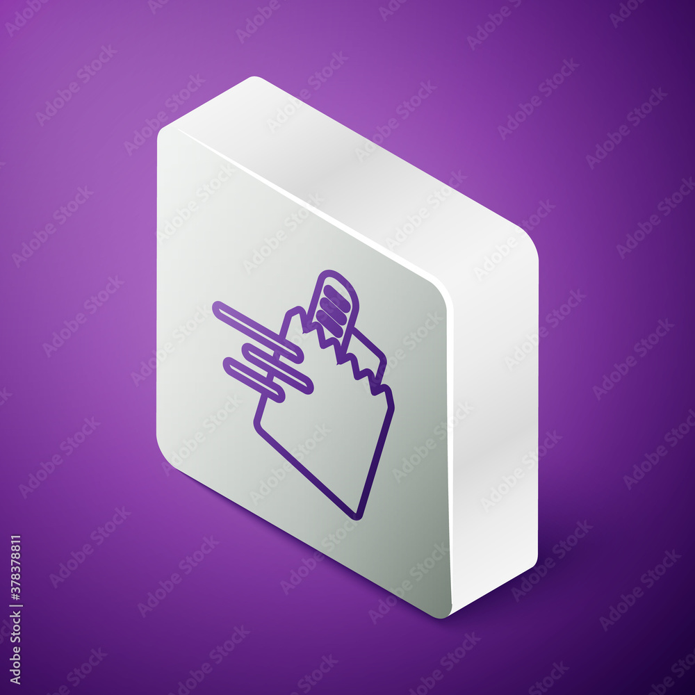 Isometric line Online ordering and fast food delivery icon isolated on purple background. Silver squ