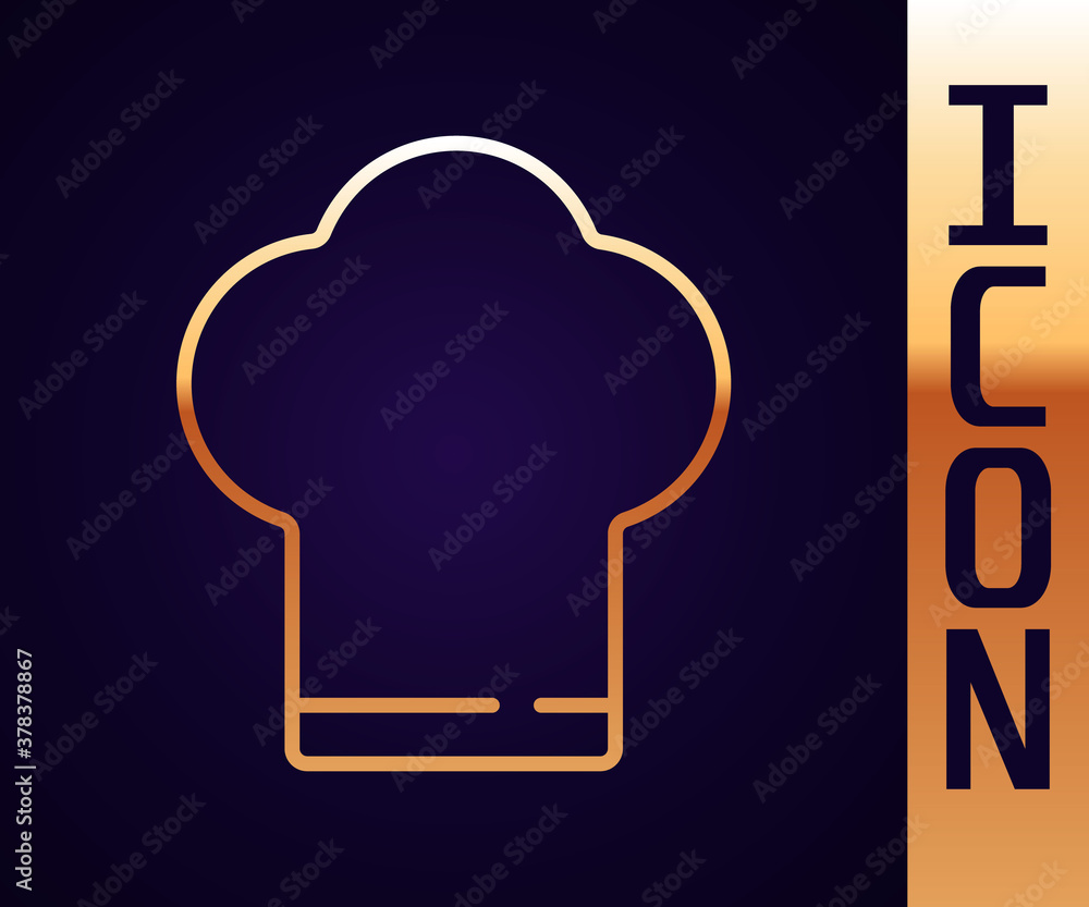 Gold line Chef hat icon isolated on black background. Cooking symbol. Cooks hat. Vector.