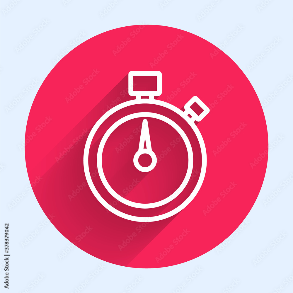 White line Stopwatch icon isolated with long shadow. Time timer sign. Chronometer sign. Red circle b