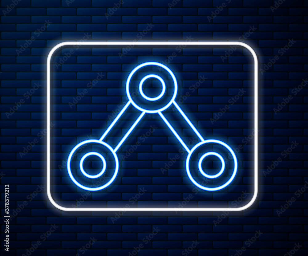 Glowing neon line Molecule icon isolated on brick wall background. Structure of molecules in chemist