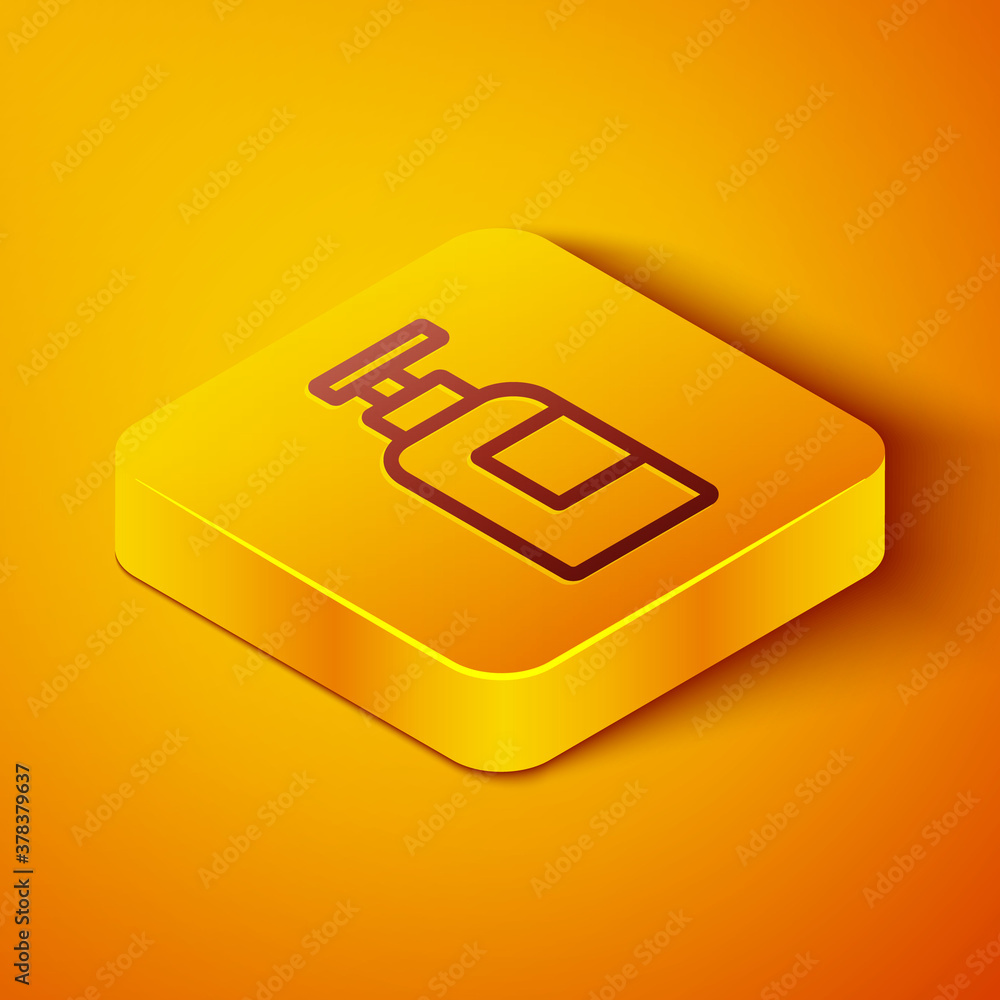 Isometric line Bottle of shampoo icon isolated on orange background. Yellow square button. Vector.